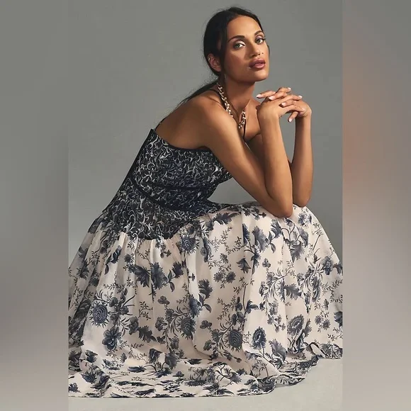 Anthropologie Halter Dress Black White V Neck Medium Midi NWT - Picture 3 of 16